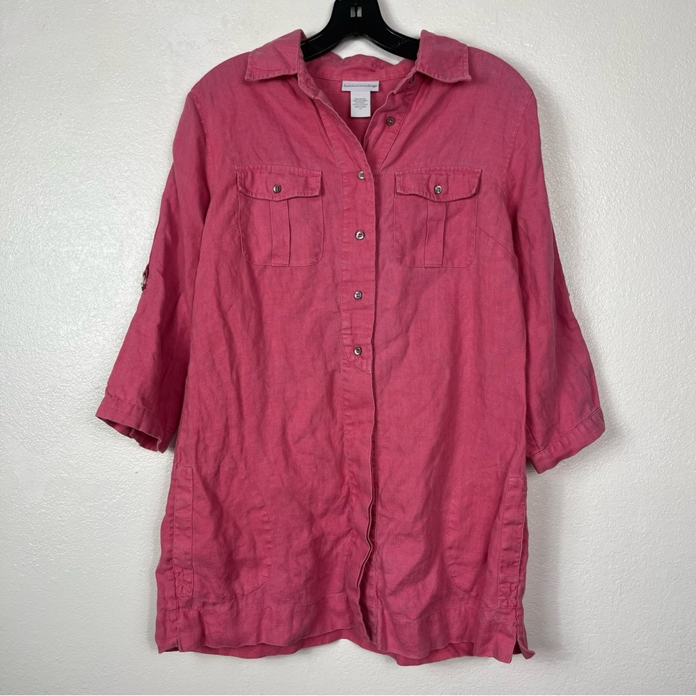 Soft Surroundings Collared Button Down Linen Roll Tab sleeves size medium
